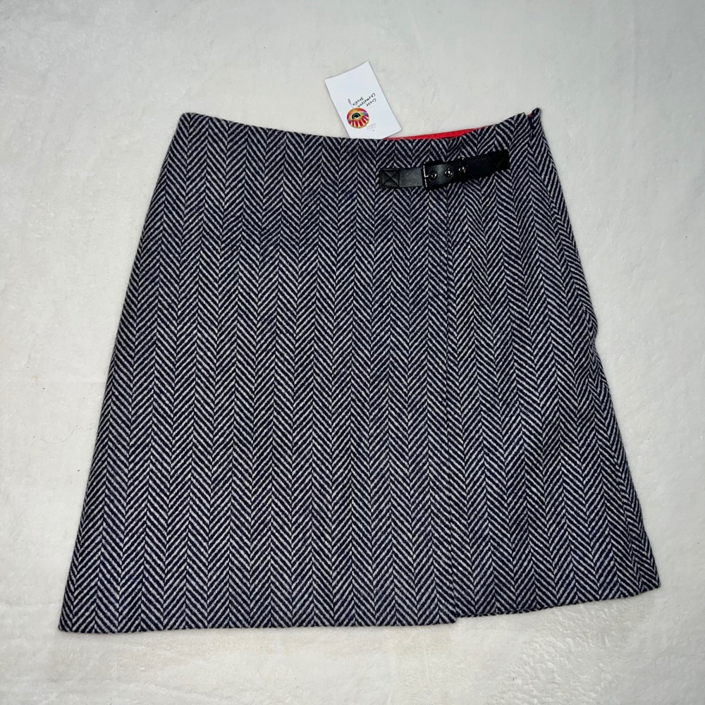Boden British Tweed Mallalieus Wool Herringbone Buckle Wrap Skirt T0004 Navy 6R
